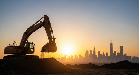 Excavator at sunrise: construction machinery with city skylineの素材
