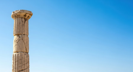 Ancient stone column against clear blue skyの素材