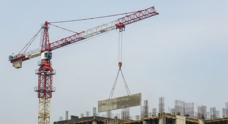 Construction site with tower crane lifting concrete slab at building frameworkの素材