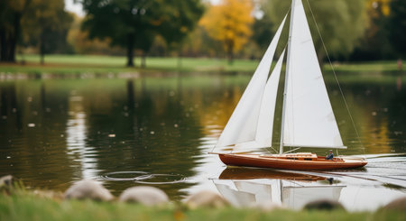 Remote-controlled sailboat gliding on tranquil park lake amidst autumn treesの素材