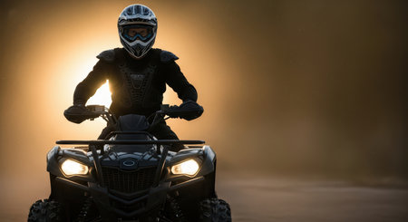 Male adult riding atv at sunset with protective gear and helmet on off-road adventureの素材