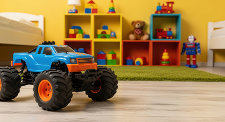 Bright playroom with blue toy monster truck and colorful blocks on shelfの素材