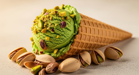 Delicious pistachio ice cream cone with nuts and waffle cone on tableの素材