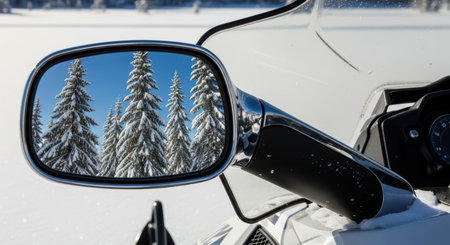 Snow-covered trees reflected in snowmobile mirror on winter dayの素材