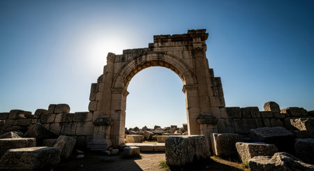 Ancient roman arch ruins in sunlight with clear blue skyの素材