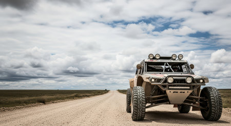 Off-road racing vehicle on remote dirt road under dramatic cloudy skyの素材