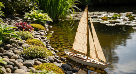 Miniature sailboat by tranquil pond in lush garden setting with pebbles and lush foliageの素材