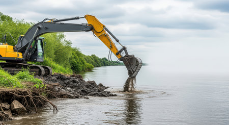 Excavator dredging riverbank with yellow arm amidst lush greenery and overcast skyの素材