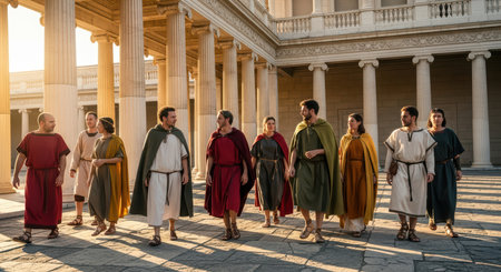 Ancient roman attire gathering with diverse adults in traditional robes at historical siteの素材