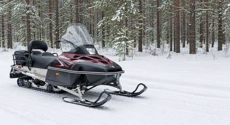Snowmobile parked in snowy forest clearing with pine treesの素材