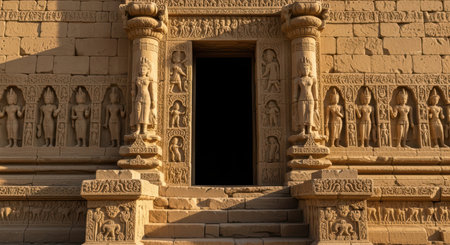 Ancient hindu temple entrance with intricate stone carvings at sunsetの素材
