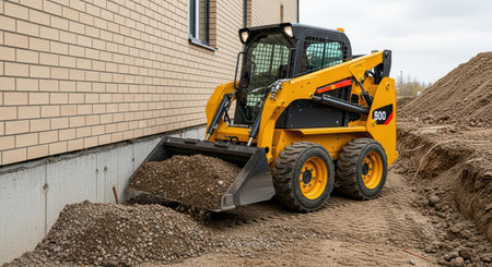 Yellow skid steer loader moving gravel at construction siteの素材