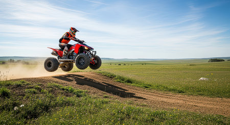 Exciting off-road adventure with male rider on red atv in action over dirt trackの素材