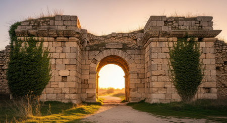 Ancient stone archway with ivy at sunrise in historic ruinsの素材