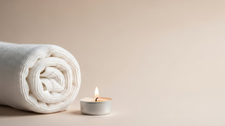 Rolled white towel and lit tealight candle for spa and relaxationの素材