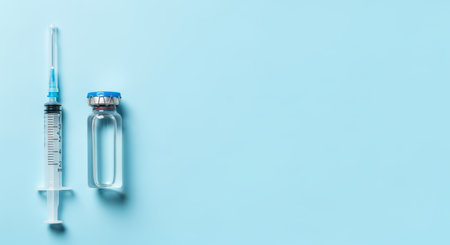 Medical syringe and vaccine vial on light blue backgroundの素材