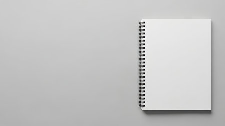 Blank spiral notebook on gray background for sketching and writing.の素材