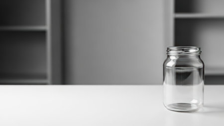 Empty clear glass jar on white surface in minimalistic setting.の素材