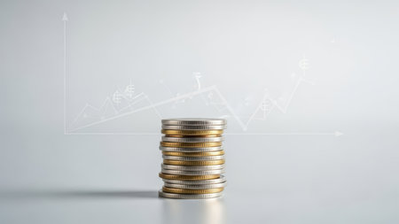 Stack of coins with financial growth chart in background.の素材