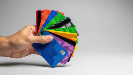 Hand holding colorful credit cards displaying diverse financial options.の素材