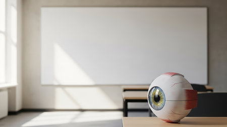 Anatomical eyeball model in classroom with blank whiteboard and sunlit windowsの素材