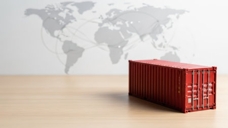 Red shipping container on desk with world map background illustrating global trade.の素材