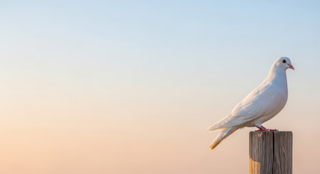 White dove perched on wooden post at sunrise with clear sky backdropの素材