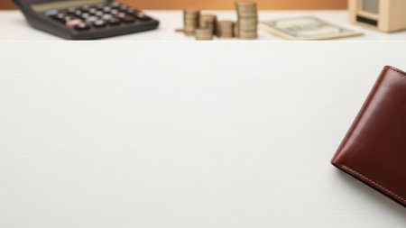 Minimalist workspace with money, calculator, wallet, and document.の素材