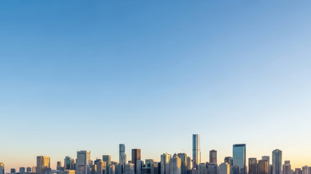 Modern urban skyline against clear blue sky at dusk.の素材