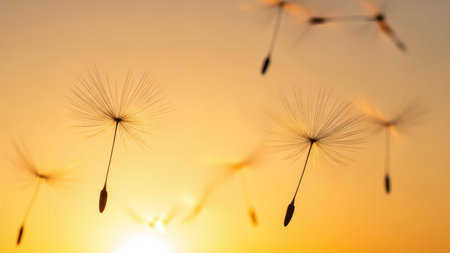 Dandelion seeds floating against warm sunset skyの素材