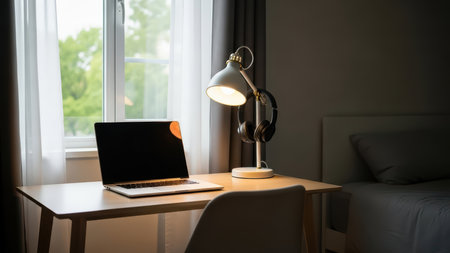 Modern workspace with laptop and lamp by window in minimalist bedroom.の素材