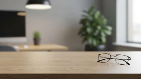 Eyeglasses resting on wooden desk in modern office with plant and ambient lighting.の素材
