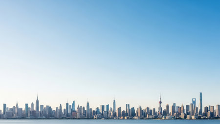 Shanghai skyline against clear blue sky on a bright day.の素材