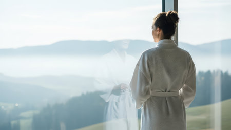 Young caucasian female relaxing in bathrobe by scenic window with mountain viewsの素材