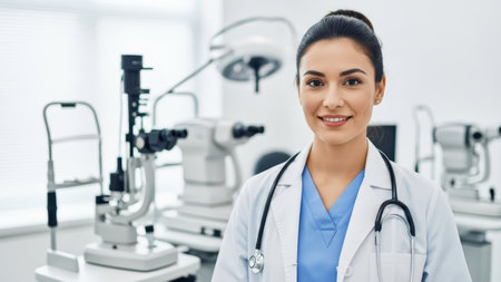 Female hispanic adult optometrist smiling in modern eye clinicの素材