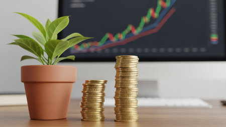 Stacked coins and plant pot with rising graph on computer screen.の素材