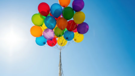 Vibrant multicolored balloons against a clear blue skyの素材