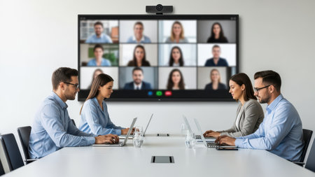 Diverse team in virtual meeting with laptops in modern office.の素材