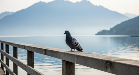 Pigeon perched on wooden railing overlooking serene mountain lakeの素材