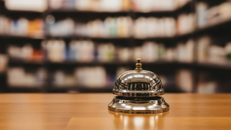Close-up of silver service bell on wooden counter in blurred background.の素材