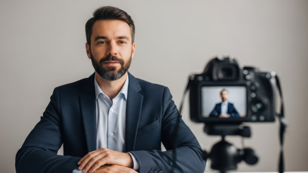 Young caucasian male business professional recording video with camera.の素材