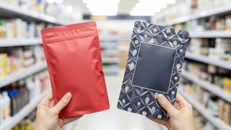 Comparison of blank red and patterned packages in grocery store aisle.の素材