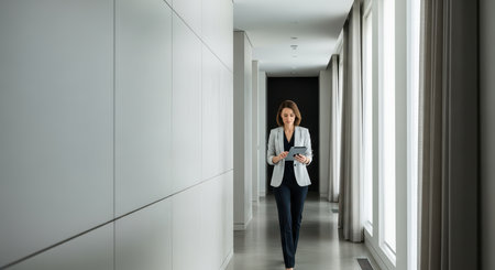 Young caucasian female professional walking in modern office corridorの素材