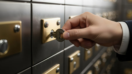 Hand opening secure vault with key in safety deposit box facility.の素材