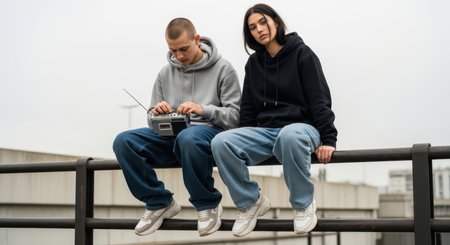 Young caucasian pair in urban setting with retro radioの素材