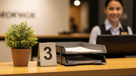 Reception desk with female receptionist, documents, and potted plant.の素材