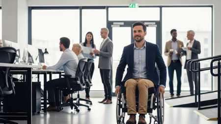 Confident young adult caucasian male in wheelchair navigating modern office environment.の素材