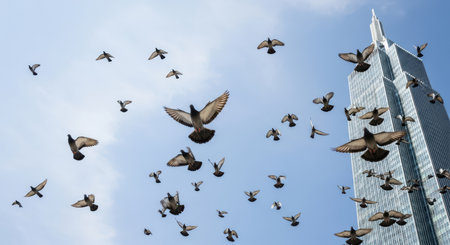 Flock of pigeons flying near skyscraper against clear blue skyの素材