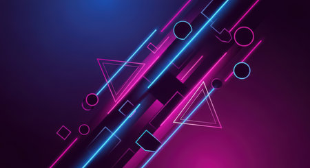 Futuristic neon geometric shapes on a dark backgroundの素材