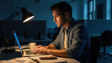 Focused person working late at office desk with laptop and lamp.の素材